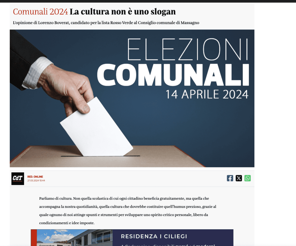 Corriere del Ticino 2024-03-27 massagno-rosso-verde la cultura non è uno slogan