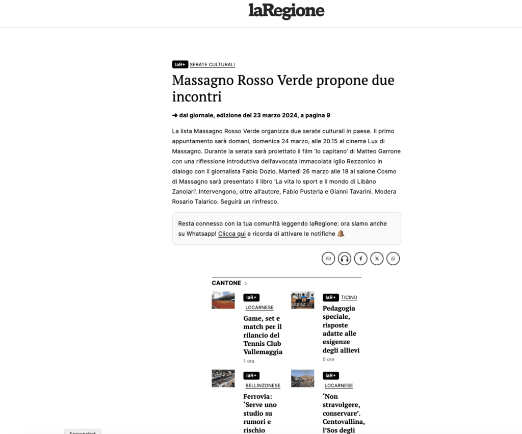 Massagno Rosso Verde propone due inviti - La Regione, 23 marzo 2024