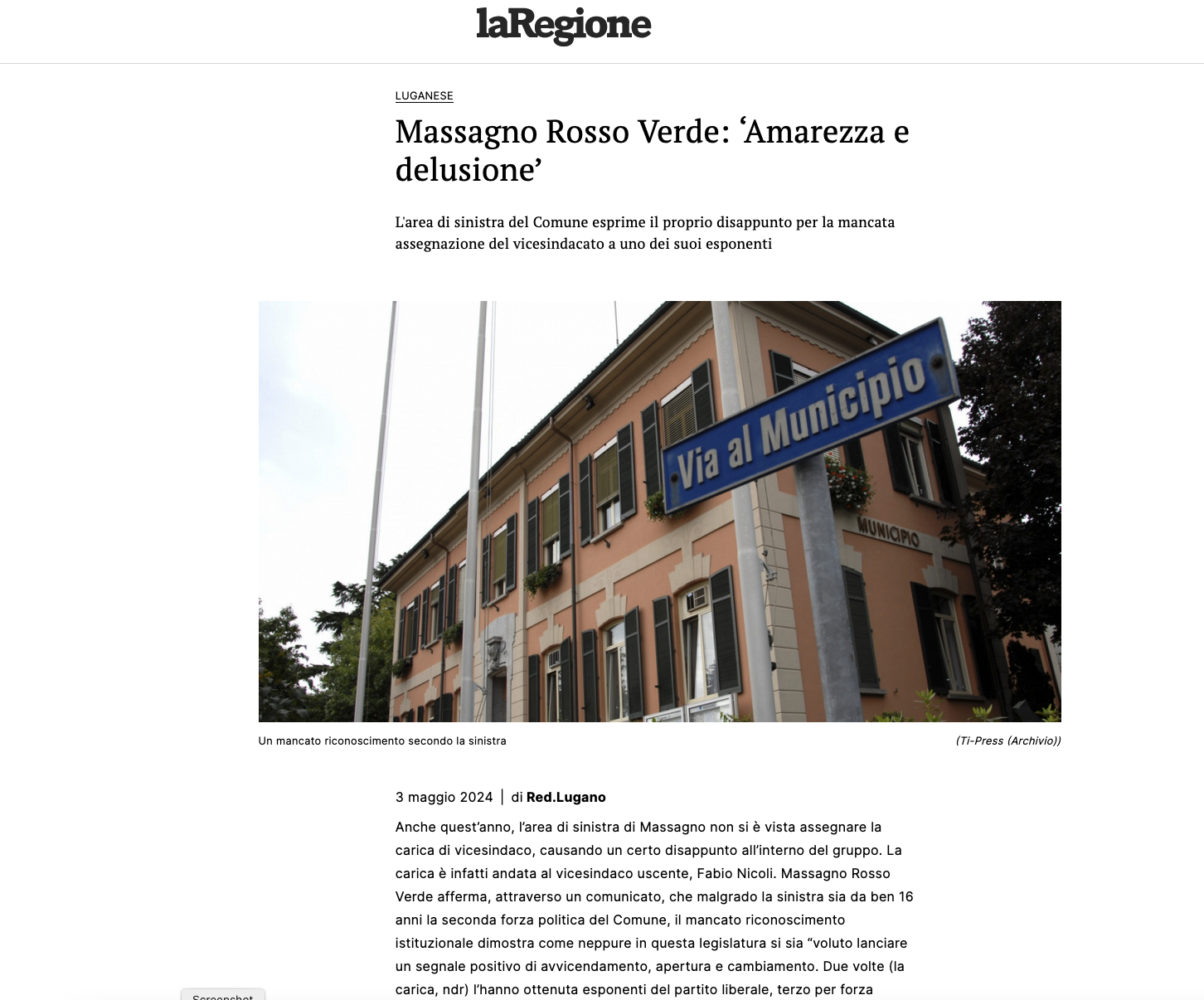 La Regione - 2024-05-03 Massagno Rosso Verde - Massagno non volta pagina